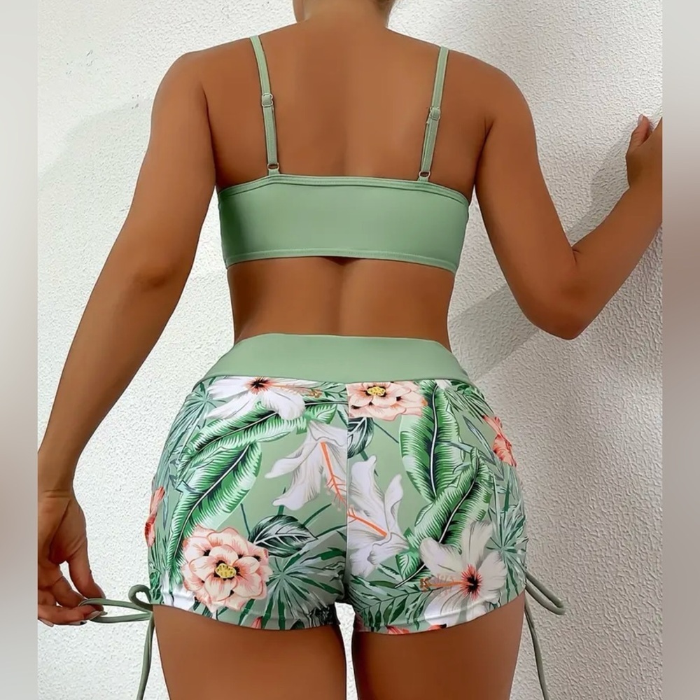 Tropical Floral Drawstring Top High Waisted Shorts Swimwear Set - Picture 3 of 8